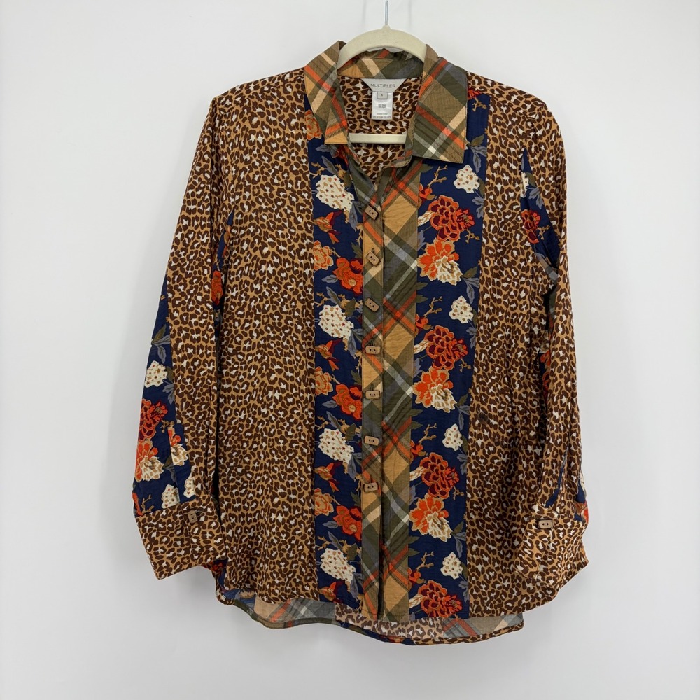 Multiples Womens Small Multicolor Button Down Patchwork Leopard Floral Plaid Top
